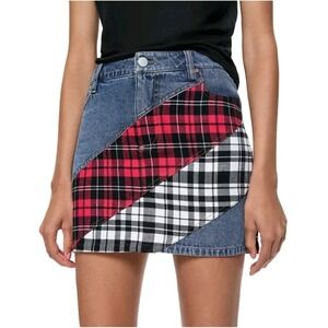 Women Junior Alice + Olivia Slim Fit Mini Skirt Denim Patchwork Size 26 Red NEW